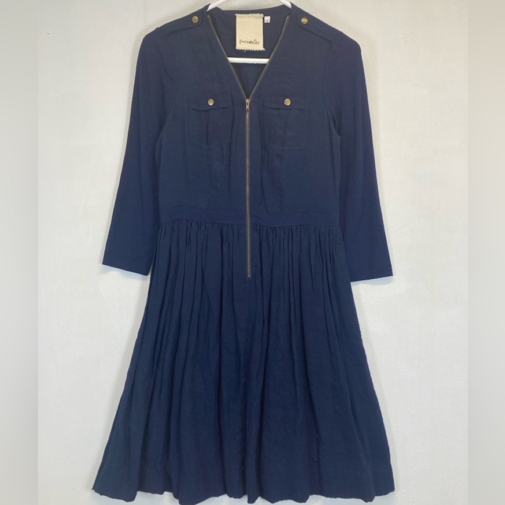 Anthropologie Parameter Dress Women Navy Blue V-Neck Zip Front Size 4 Pleated - Picture 11 of 16